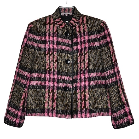 DONCASTER - Wool Tweed Blazer w/ Scarf Black, Pink, Tan Plaid - Size 8 - Picture 3 of 8